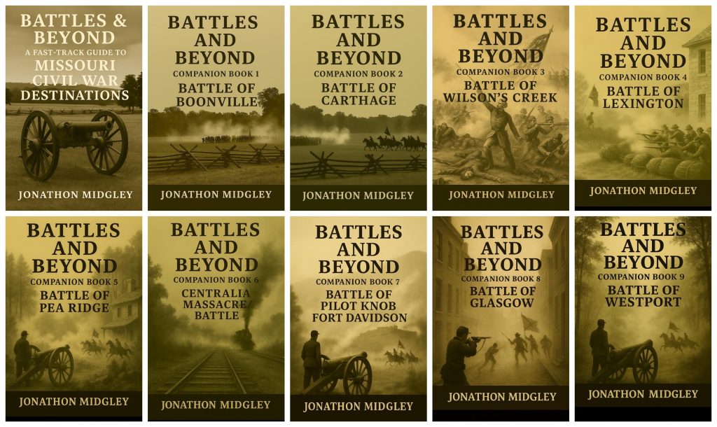 Poster showing the covers of the ten-book Battles & Beyond: A Fast-Track Guide to Missouri Civil War Destinations series by Jonathon Midgley. Includes the main overview guide plus nine companion books: Battle of Boonville, Battle of Carthage, Battle of Wilson’s Creek, Battle of Lexington, Battle of Pea Ridge, Centralia Massacre Battle, Battle of Pilot Knob at Fort Davidson, Battle of Glasgow, and Battle of Westport.